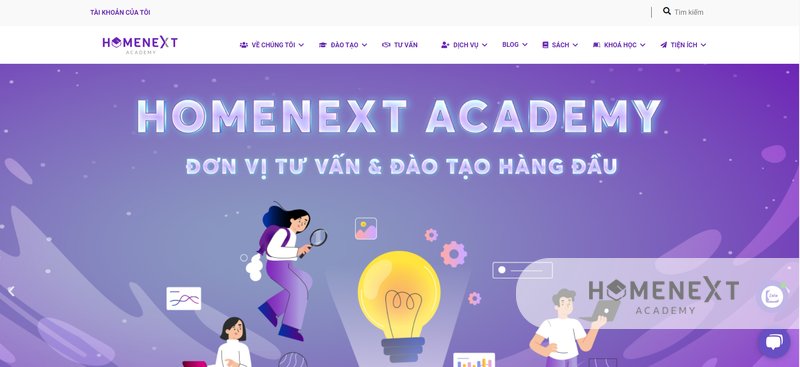 thiết kế website hiện đại: website của HomeNext Academy với tông màu tím chủ đạo