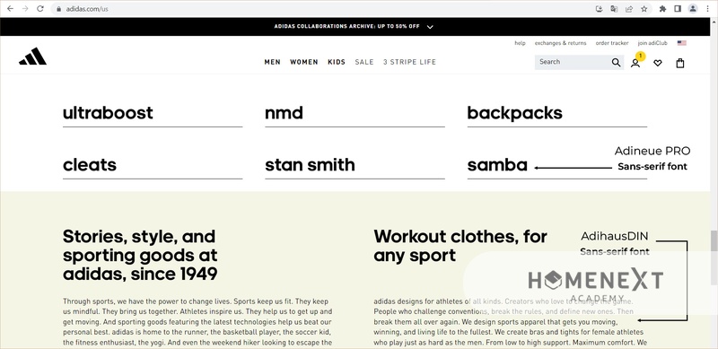 website adidas sử dụng font chữ sans-serif 